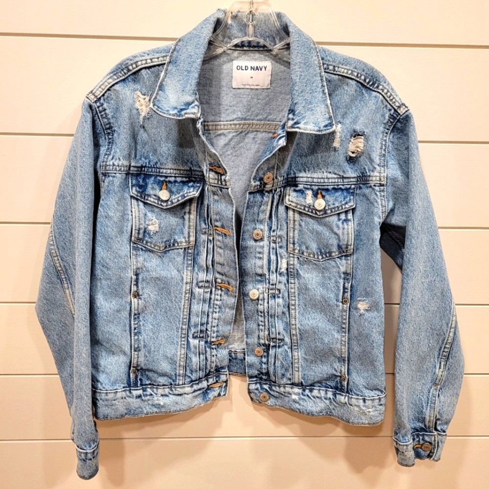 Old Navy Relaxed Denim Jean Distressed Light Wash Blue Jacket …
